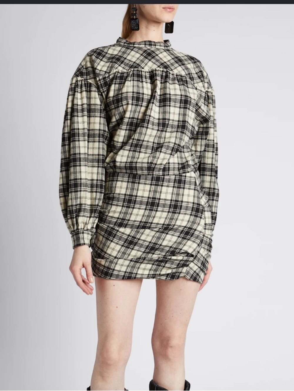 ISABEL MARANT Faber Plaid Wool Mini Dress Long Sleeves 34 black white cream